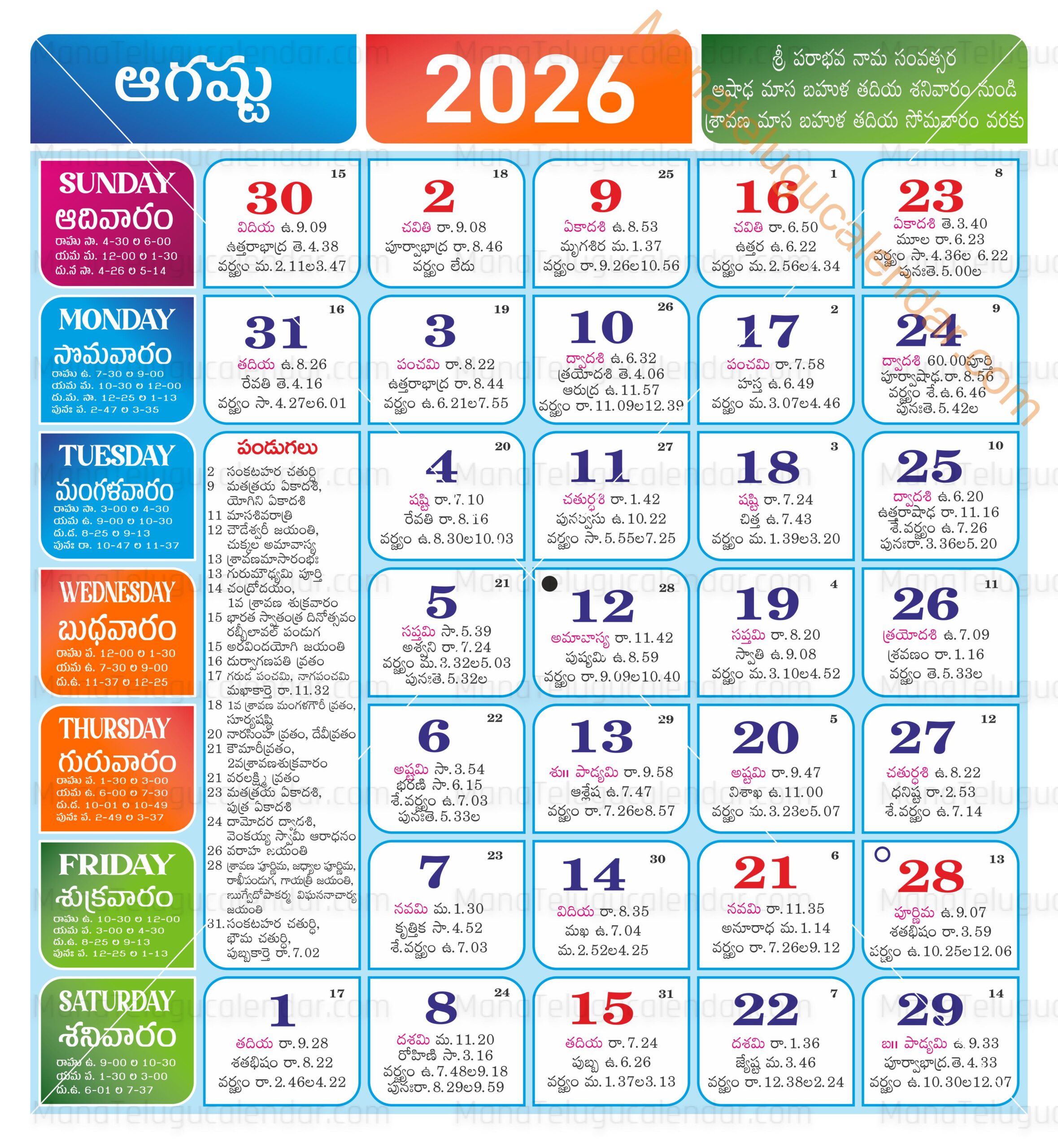 Telugu Calendar 2026 August Telugu Calendar 2026 August