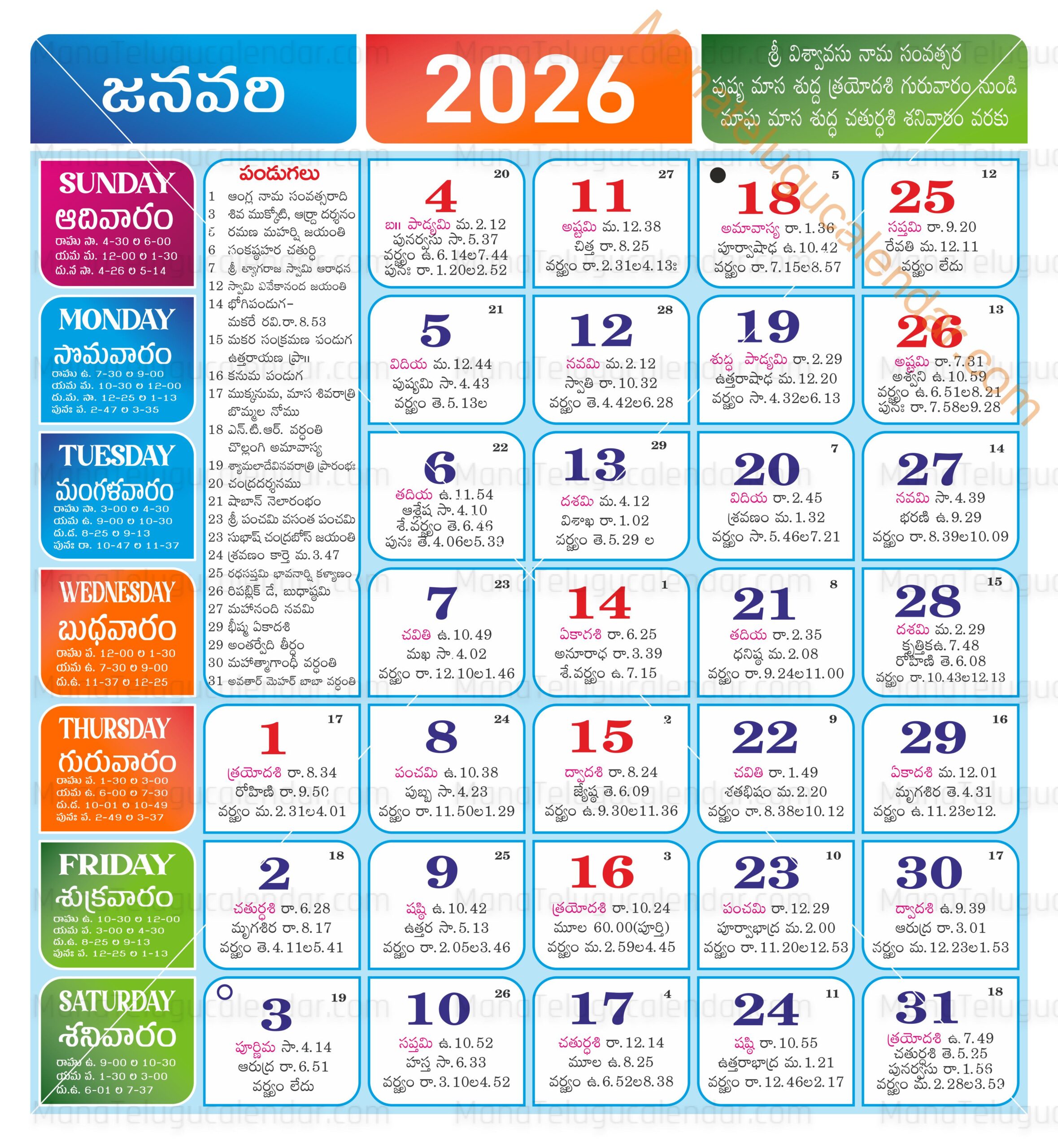 Telugu Calendar 2026 January Telugu Calendar 2026 January