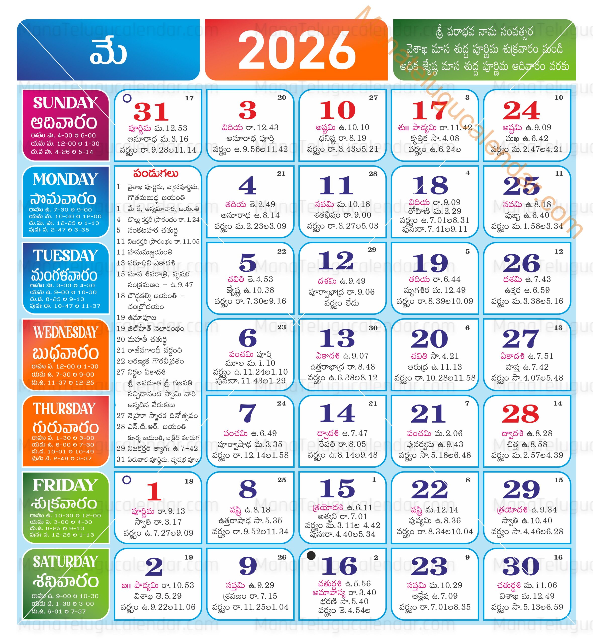 Telugu Calendar 2026 May Telugu Calendar 2026 May