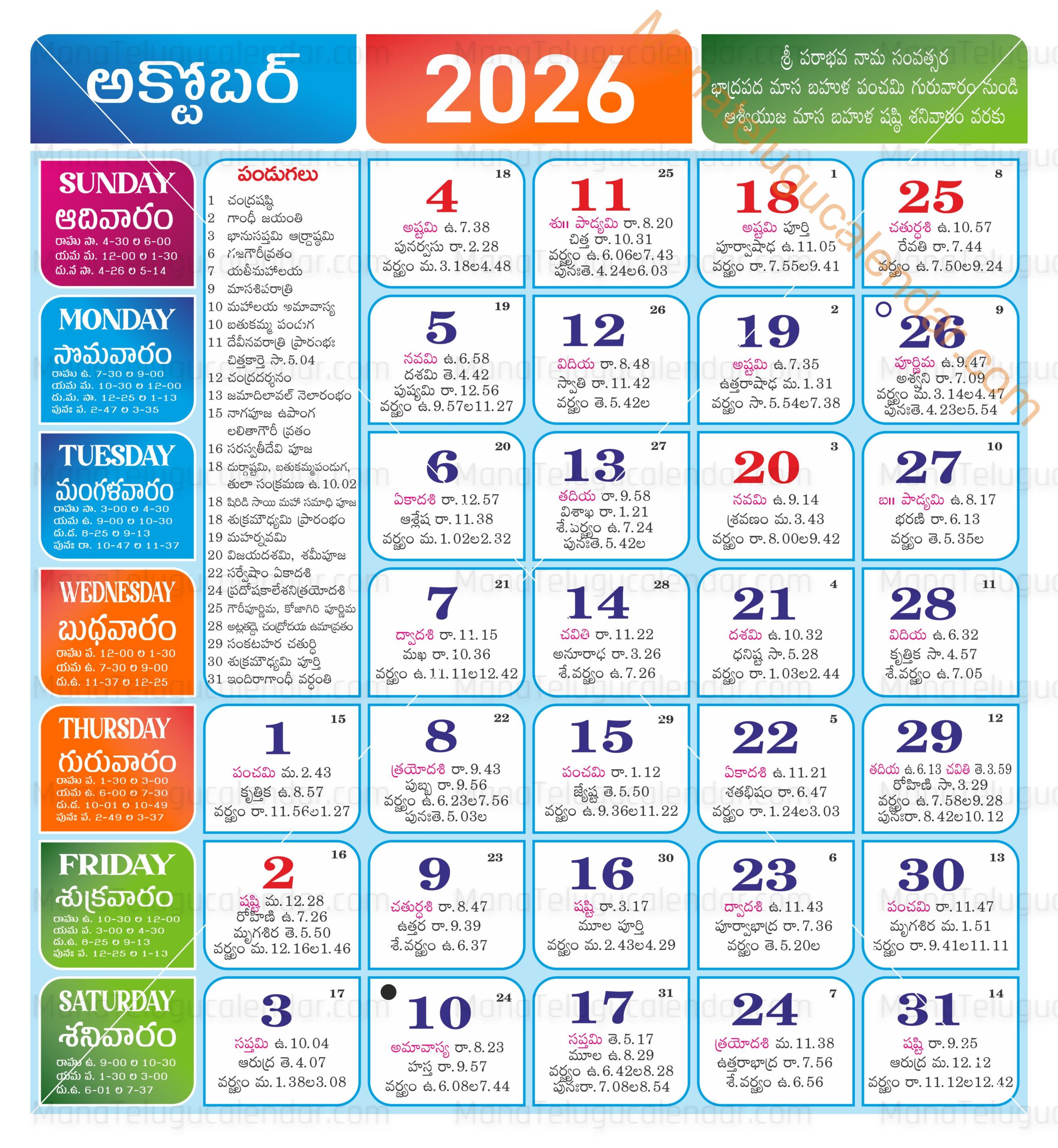 Telugu Calendar 2026 October Telugu Calendar 2026 October